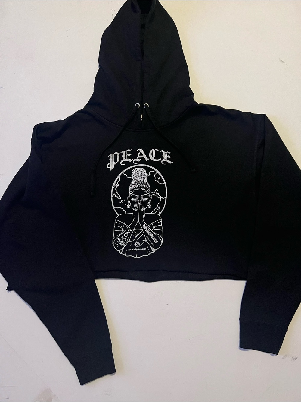 PEACE Hoodie Black Peace Graphic Cropped Hoodie Sweatshirt Size 2XL